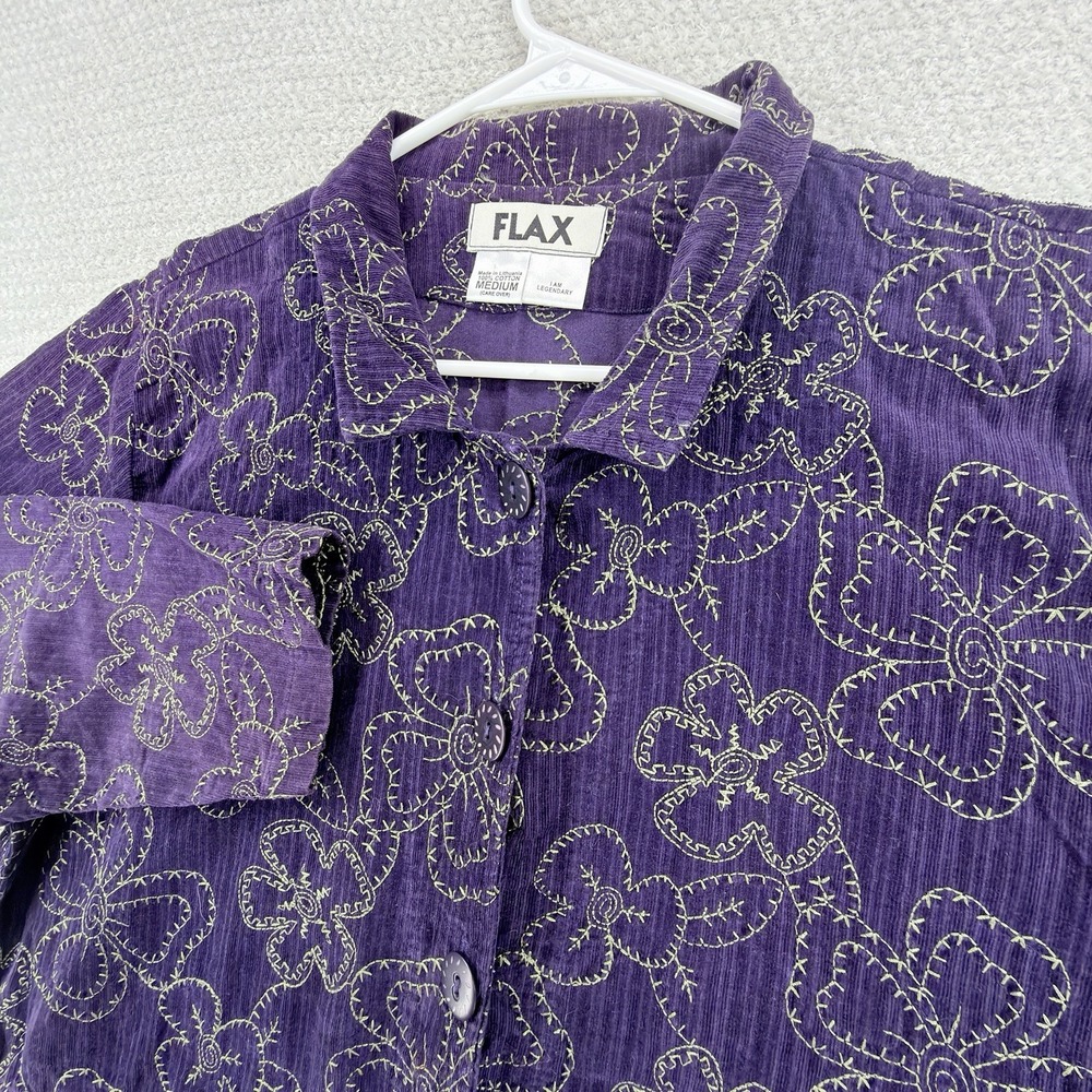FLAX Purple Corduroy Shirt Women's M Embroidered Floral Boho Lagenlook Lithuania